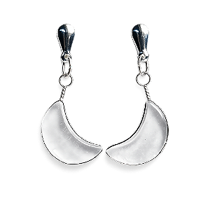 Brinco Meia Lua Pedra Cristal Natural Ranhurado Prateado