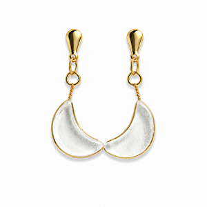 Brinco Meia Lua Pedra Cristal Natural Ranhurado Dourado
