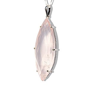 01 Pingente Nlux Navete Facetado Gigante Quartzo Rosa Garra Prata 950