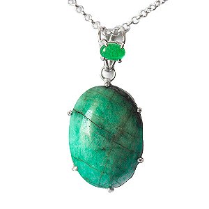 01 Pingente Nlux Cabochão Oval Esmeralda e Jade Garra em Prata 950