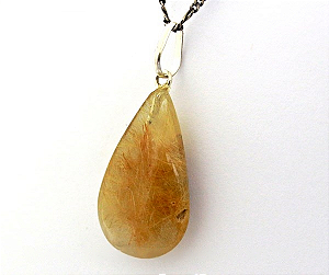 01 Pingente Nlux Gota Pedra Cristal Com Rutilo Castoação Pino Prata 950