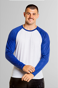 Camiseta Raglan Masculina Manga Longa 100% Poliéster Branca e Azul