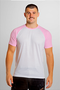 Camiseta Masculina Raglan Branca Anti pilling com manga rosa claro 100% poliéster