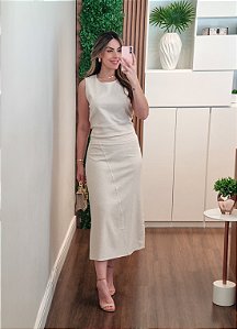 Conjunto cru regata e saia midi linho