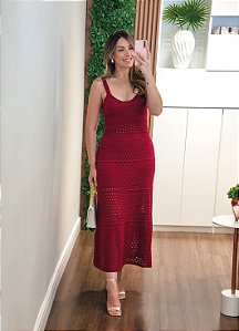 Vestido vermelho tricô ponto vazado