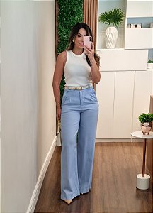Calça pantalona linho azul