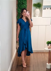Vestido transpassado liso petróleo