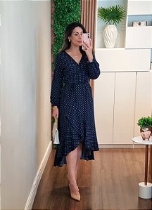 Vestido manga 7/8 poá marinho