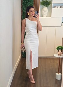 Vestido linho alça trançada off white