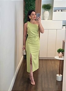 Vestido linho alça trançada pistache