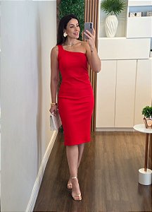 Vestido poliamida um ombro só vermelho