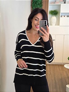 Blusa Tricô Listrado Preta Manga Longa