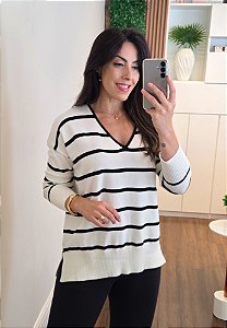 Blusa Tricô Listrado Off White Manga Longa