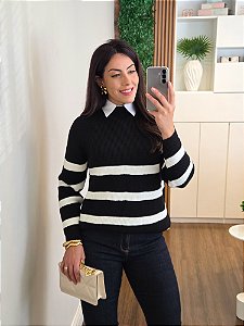 Blusa Tricô Listras Preto Manga Longa
