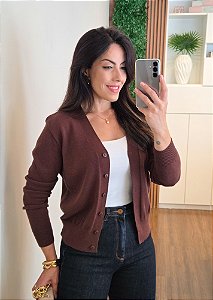 Cardigan Tricô Marrom Manga Longa