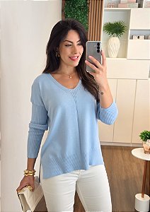 Blusa Tricô Decote V Azul Feminina