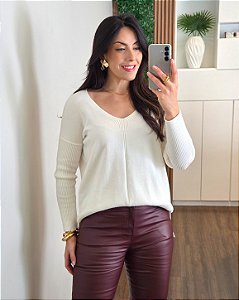 Blusa Tricô Decote V Off White Feminina