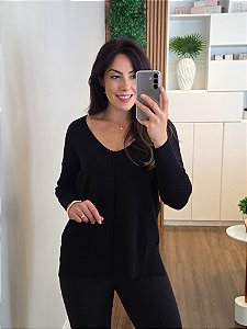 Blusa Tricô Decote V Preta Feminina