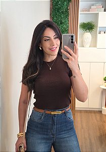 Blusa Manga Curta Canelada Marrom