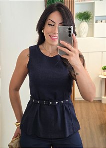 Blusa Peplum com Linho e Cinto Marinho
