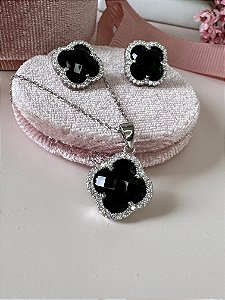 CONJUNTO TREVO DE PRATA 925 COM RODIO BRANCO