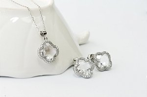 CONJUNTO TREVO DE PRATA 925 COM RODIO BRANCO