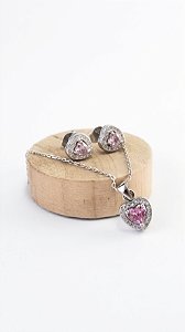 CONJUNTO DE PRATA 925 CORAÇÃO ROSE