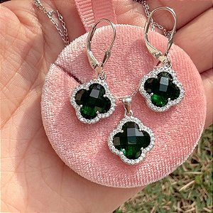 CONJUNTO DE TREVO VERDE ARGOLINHA PRATA 925
