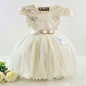 VESTIDO LUXO MARFIM COM CINTO DE PÉROLAS BATIZADO DAMINHAS