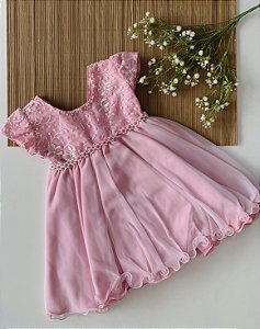 VESTIDO BABY ROSA CHICLETE COM PÉROLAS