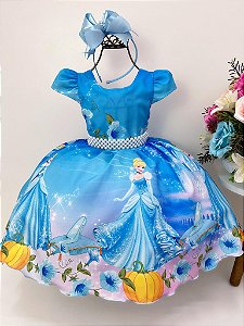 Vestido Infantil Temático Cinderela Azul Luxo