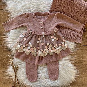 Saída Maternidade Feminina de tricô Rose Vestido Renda
