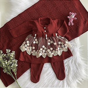 Saída Maternidade Feminina de tricô Vermelha Vestido Renda dourada