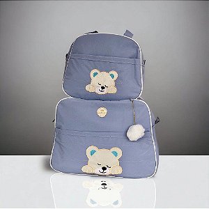 Kit Bolsa Maternidade 2 Peças Bordada Urso Azul bebê