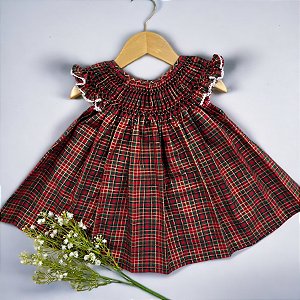 Vestido Bebê Artesanal Casinha de Abelha Xadrez Vermelho | Bordado Delicado à Mão | Clássico, Elegante e Confortável