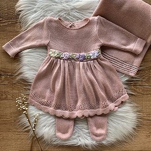 Saída Maternidade Feminina de Tricô Luxo Rose Bordado Flores