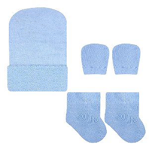 Kit Touca Luva e Meia Bebê Azul 0 a 3 meses