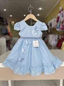 Vestido Jardim das Borboletas Azul com Aplique