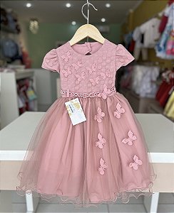 Vestido Jardim Encantado Rose Aplique Borboletas