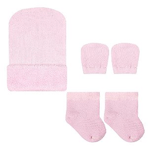 Kit Touca Luva e Meia Bebê Rosa  0 a 3 meses