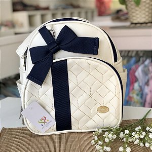 Mochila Passeio Luxo Bege com Fita Laço Azul Marinho