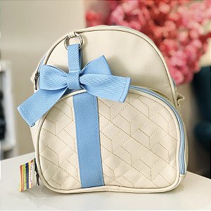 Mochila Passeio Luxo Bege com Fita Laço Azul Bebê
