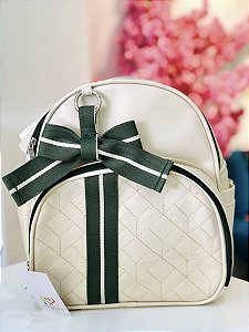 Mochila Passeio Luxo Bege com Fita Laço Verde Militar