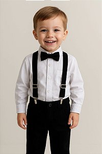 Conjunto Social Infantil Branco com Preto Longo no Linho