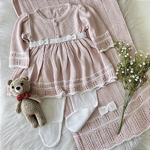 Saída de Maternidade de Tricô Sofia Rosa com Branco