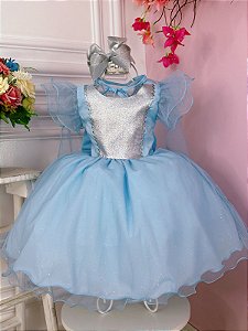 Vestido Infantil de Festa Azul Luxo Princesa Cinderela Frozen