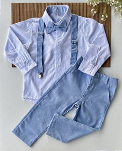 Conjunto Social Infantil Branco com Azul Longo no Linho Batizado
