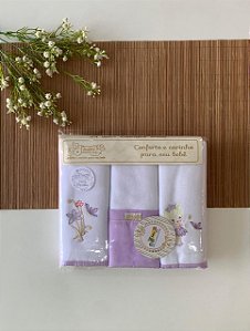 Kit Cueiro Flanela Bordado com 3 Peças Borboleta Lilás