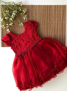 Vestido Baby Vermelho Renda com Pérolas