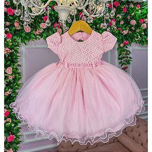 Vestido Baby Rosa de Renda e Tule